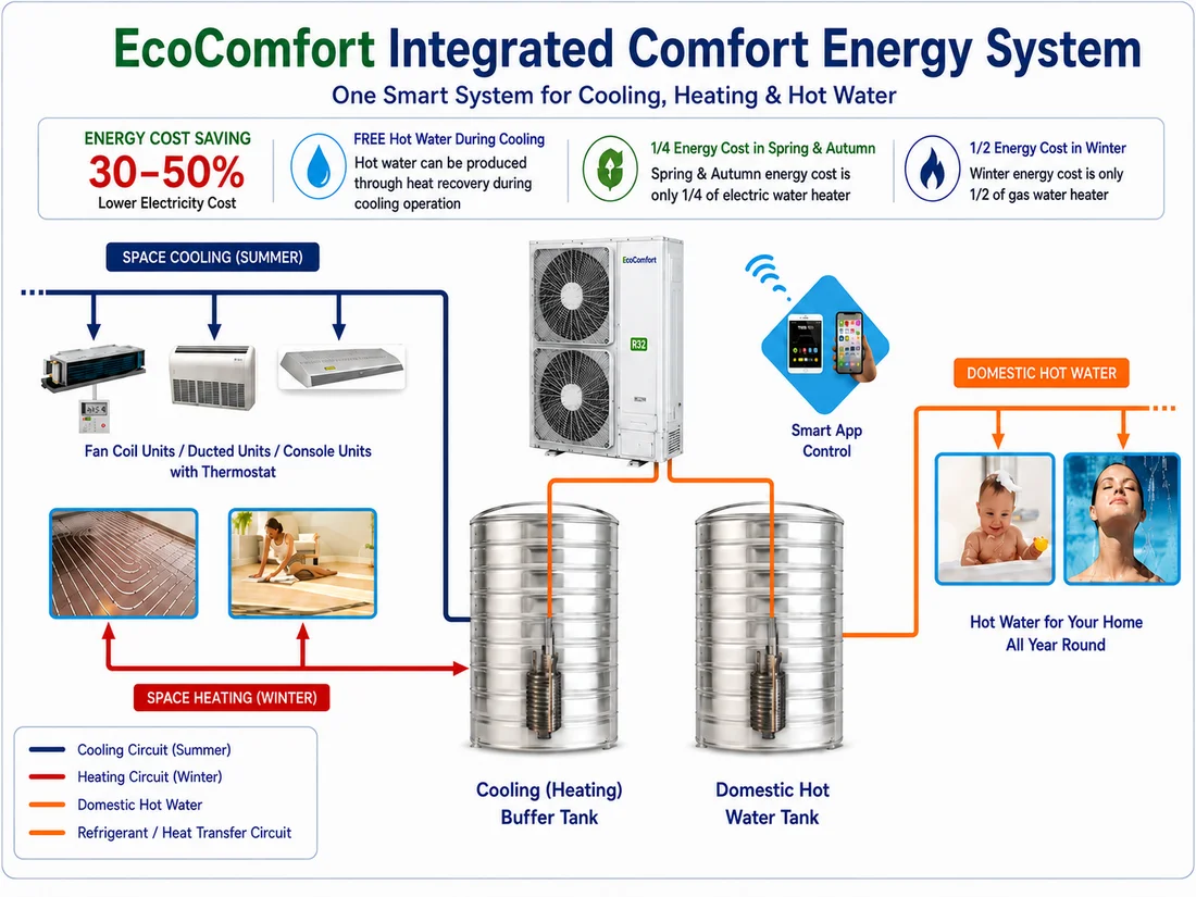 EcoComfort integrated cooling heating hot water thermal storage and heat recovery system